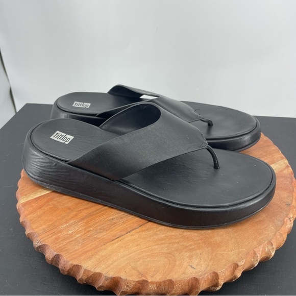 Fitflop Womens F-Mode Black Leather Thong Flatform Sandals Shoes Sz 11 - Picture 1 of 6